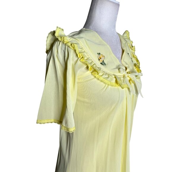 Vintage Nylon Nightgown Ruffled Collar Small Yellow Floral Embroidery Maxi - Picture 4 of 10